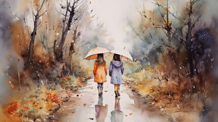 illustration of two kids walking together in autumn wood passage, idea for home wall decor artwork picture, Generative Ai