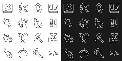 Sticker - Set line Lobster or crab claw, Whale tail in ocean wave, Fish with sliced pieces, Octopus, Seaweed, Shark, on plate and Scallop sea shell icon. Vector