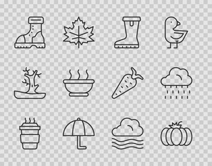 Sticker - Set line Coffee cup to go, Pumpkin, Waterproof rubber boot, Umbrella, Bowl hot soup, Windy weather and Cloud with rain icon. Vector