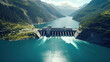 Hydroelectric dam with flowing green water through gate. Generative ai