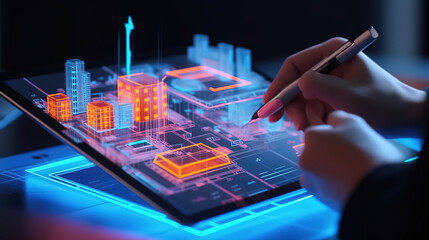 Architects with 3d building hologram sketch and digital tablet. Generative ai
