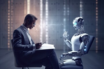 person talking with robotic ai . futuristic technology or machine learning