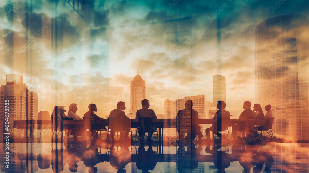 Double exposure image of many business people conference group meeting ...