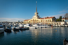 Russia, Sochi - April 13, 2023, Seaport, Ships And Yachts At The Pier