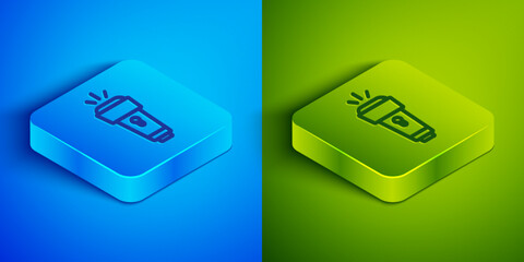 Canvas Print - Isometric line Flashlight icon isolated on blue and green background. Square button. Vector