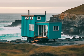 Wall Mural - Mobile tiny house for outdoor experiences by a beautiful seashore. Connection with nature. Generative AI illustration