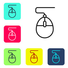 Poster - Black line Computer mouse gaming icon isolated on white background. Optical with wheel symbol. Set icons in color square buttons. Vector