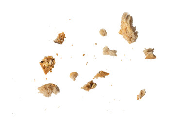 Crumbs of fresh whole grain bread isolated on white background. Isolate crumbs of different sizes for insertion into a design or project.