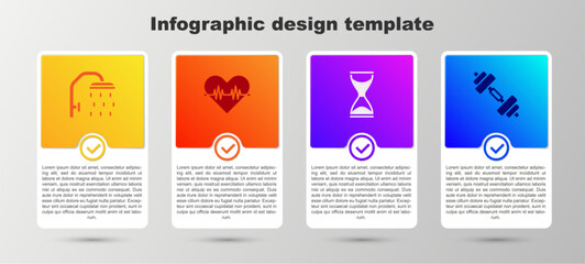 Sticker - Set Shower head, Heart rate, Old hourglass and Dumbbell. Business infographic template. Vector