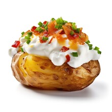 Delicious Baked Potato With Sour Cream, And Chives On A White Background Generative AI