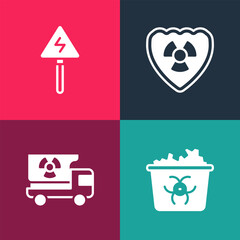 Sticker - Set pop art Infectious waste, Truck with radiation materials, Radioactive in shield and High voltage sign icon. Vector