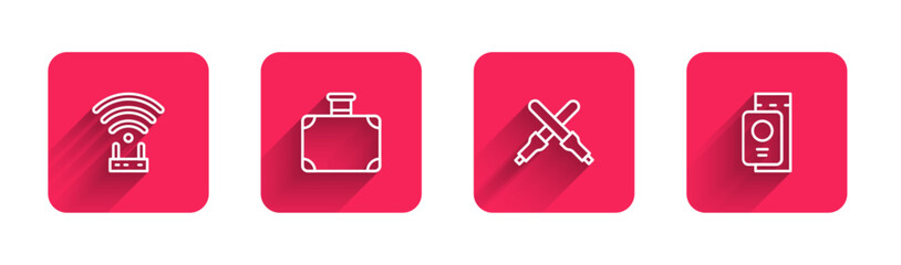 Poster - set line router and wi-fi signal, suitcase, marshalling wands and passport with ticket with long sha