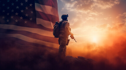 Soldier and USA flag on sunrise background .Concept National holidays , Flag Day, Veterans Day, Memorial Day, Independence Day, Patriot Day. Generative AI