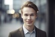 Young smart swedish businessman, smiling face, standing in blur background of modern office building. Generative AI AIG20.