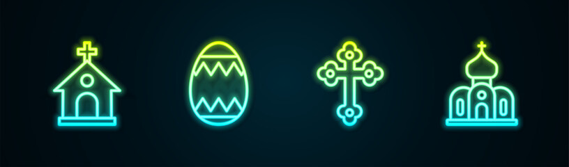 Canvas Print - Set line Church building, Easter egg, Christian cross and . Glowing neon icon. Vector