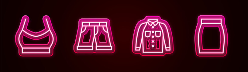 Poster - Set line Female crop top, Short or pants, Shirt and Skirt. Glowing neon icon. Vector