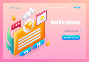 Poster - 3d isometric, cartoon. email marketing, online advertising concept. notifications. trending landing 