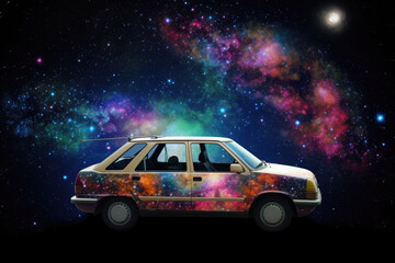 Wall Mural - futuristic retro car on galaxy and nebula background. vehicle in space for futuristic travel. creati