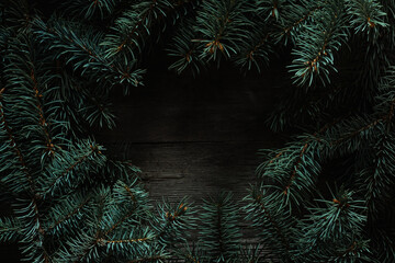 Wall Mural - Christmas green frame from fir branches on a vintage gray board back. Frame of fir branches. Christmas card blank.
