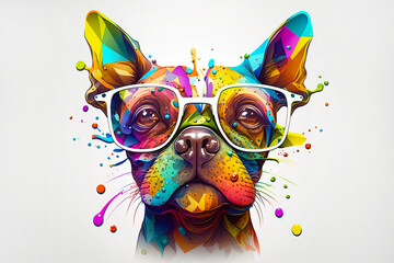 Wall Mural - cartoon colorful dog with sunglasses on white background. created with generative ai