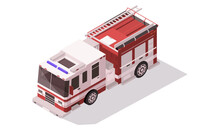 Red White Fire Truck In 3d Isometric Design. Vehicle Of Emergency. Urban Firefighters Element. Side View Of Rescue Automobile Isolated On White Background. Vector Illustration