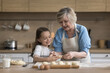© fizkes - Loving attractive mature grandmother teach her cute little granddaughter to cook, teach preschooler girl preparing homemade buns, cooking together pastry on weekend at home. Share experience, cookery
