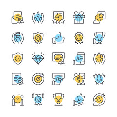 Poster - Achievement line icons. Set of awards icons. Black, blue and yellow colors. Modern outline graphic design. Vector line icons set
