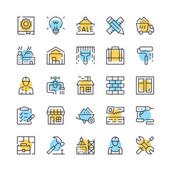 Poster - construction line icons. set of construction icons. black, blue and yellow colors. modern outline gr