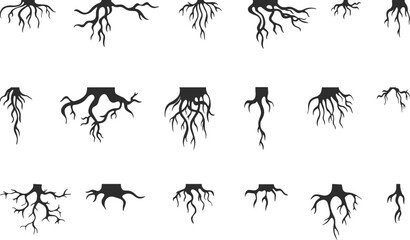 Wall Mural - Tree roots isolated collection. Nature root silhouettes, stammer different plants. Abstract branches, trees life system neoteric vector set