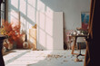 artistic frame canvas mock up in a curated whimsical studio setting with natural light and shadows - ai generative art