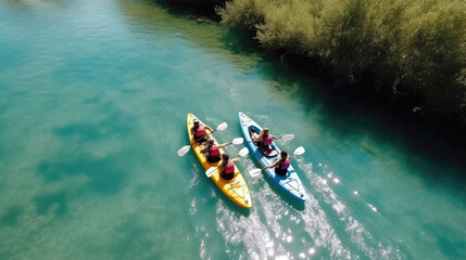 Aerial drone bird's eye view photo of Happy family with two kids enjoying kayak ride on beautiful river. Little boy and teenager girl kayaking on hot summer day. Water sport fun. Created with generati