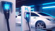 Hydrogen fuel car charging station with car on background. Postproducted generative AI illustration.