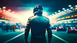 Racing driver stands in sports suit on racing circuit. Postproducted generative AI illustration.