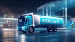 Truck with hydrogen fuel tank trailer at night. Postproducted generative AI illustration.