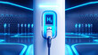 Hydrogen fuel car charging station. Postproducted generative AI illustration.