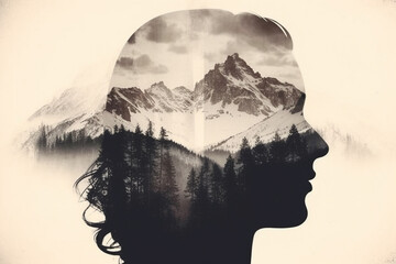 Ethereal beauty of a woman's head merges seamlessly with the majestic landscape of mountains. Ai generated