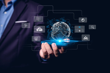 Leinwandbilder - businessman Hand holding virtual Global Internet connection metaverse. Business global connection application technology and digital marketing, Financial and banking, Digital link tech, big data