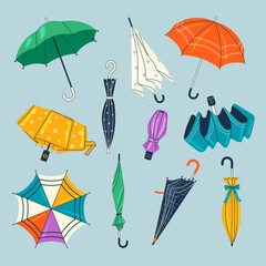 Poster - Umbrellas collection. Autumn set of different fashioned tools from rainy weather season recent vector umbrellas illustrations