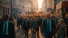 Lots Of Business People Walking At Work In The City At Early Morning. Beautiful Sunrise Light At Back. AI Generative Illustration