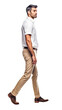 Isolated handsome man wearing a white shirt and a tobacco chino trousers, walking, cutout on transparent background, ready for architectural visualisation. Generative AI	
