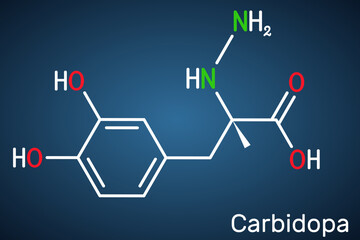 Canvas Print - Carbidopa molecule. It is dopa decarboxylase inhibitor used for treatment of idiopathic Parkinson disease. Structural chemical formula on the dark blue background.