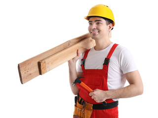 Poster - Young carpenter with wooden planks and hammer on white background