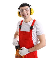 Poster - Young carpenter in hearing protectors with bag of tools on white background