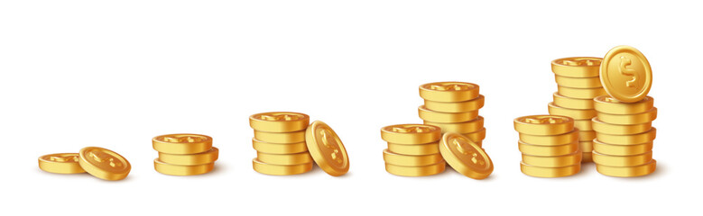 stack of growing gold coins. shiny golden coins in five stacks with another falling down. finance, i
