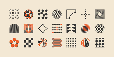 Retro abstract geometric bauhaus inspired elements, Collection of symbols, shapes and objects in y2k / Brutalism bold and primitive blocks swiss style. Trendy art templates.