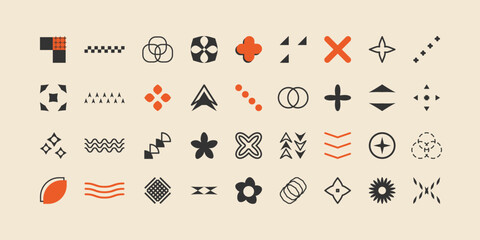 Retro abstract geometric bauhaus inspired elements, Collection of symbols, shapes and objects in y2k / Brutalism bold and primitive blocks swiss style. Trendy art templates.