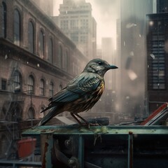 Colorful bird in big city