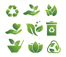 eco green logo set. hand with plant, recycling and reuse icon. natural and organic products, vegetar