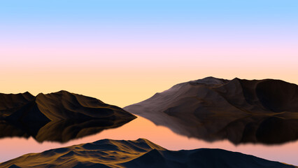 Landscape of the mountain against the backdrop of sunset, dawn sky in blur. Abstract relief mountains in nature against the background of the sky with blur. 3D render.