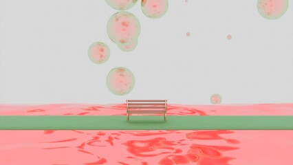 Poster - 3D animation with soap bubbles. Design. 3D space with bench and colored river on background of soap bubbles. Abstract space in animation style with bubbles